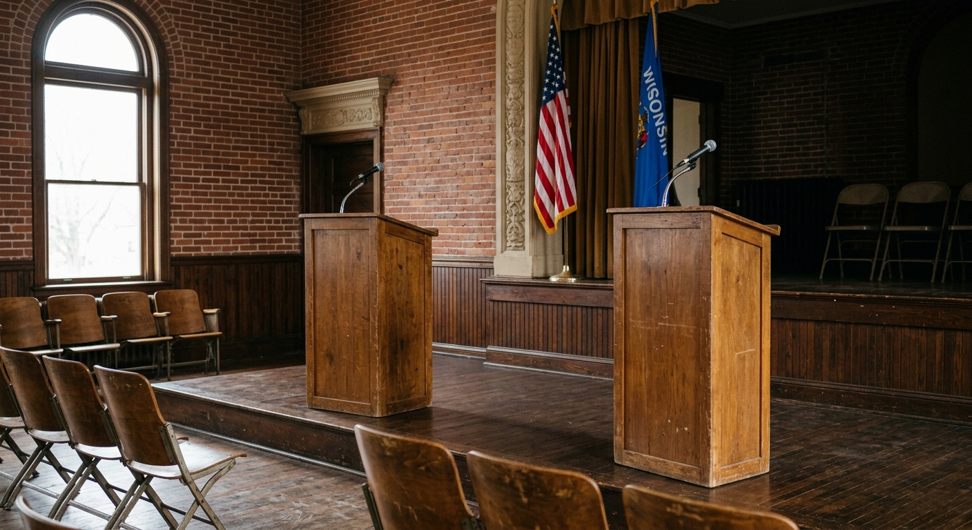 two empty wooden podiums with microphones facing each other on a modest stage inside a midwestern brick town hall, set up for a local political debate, natural