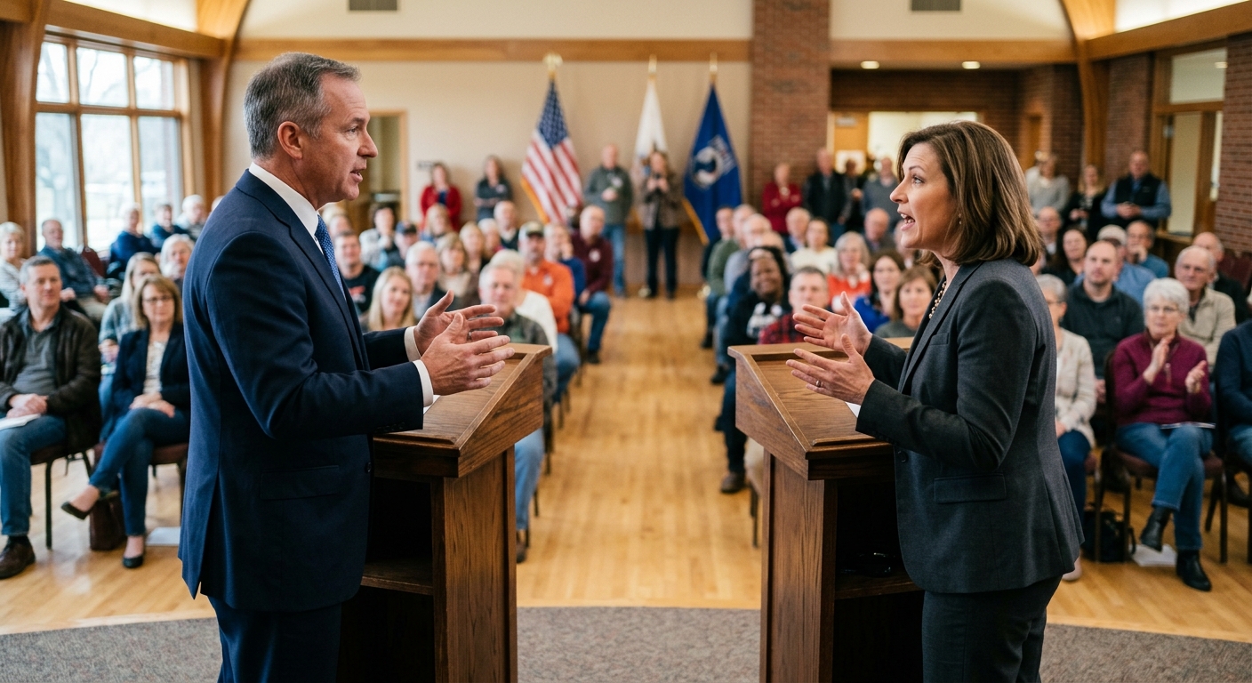two political candidates in business suits standing behind wooden podiums engaging in a lively discussion inside a local midwestern community center hall, a sea