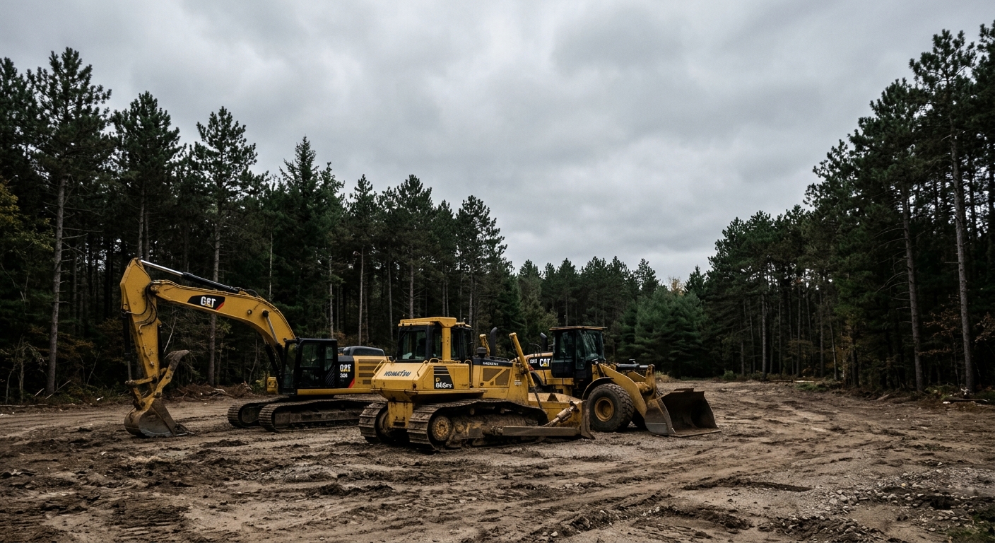 heavy yellow excavation machinery parked in an empty dirt lot surrounded by pine trees under an overcast Midwestern sky, natural everyday lighting, shot on a DS