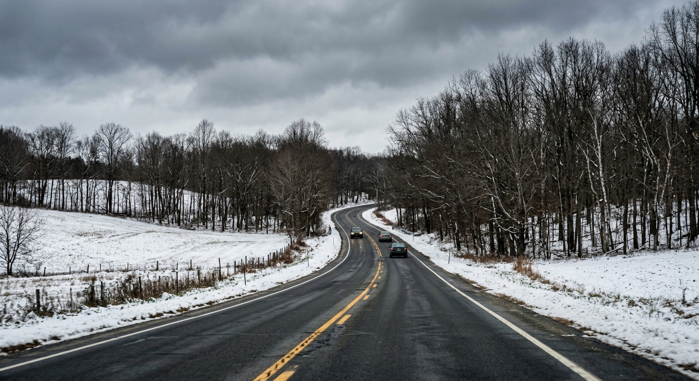 a rural two-lane highway lined with bare trees and a light dusting of early winter snow covering the shoulder and adjacent fields, a few cars driving cautiously