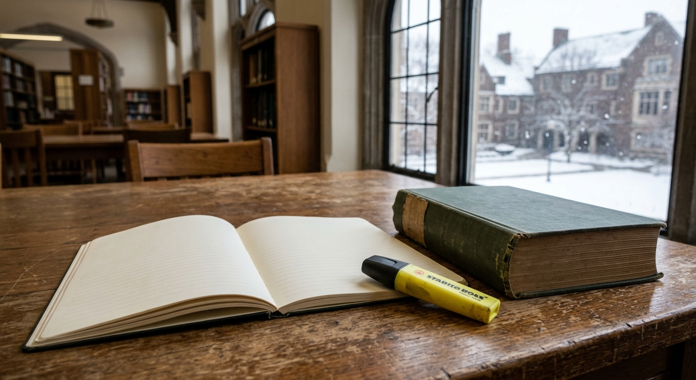 an open blank notebook, a thick hardcover academic book, and a yellow highlighter resting on a worn wooden study table in a quiet university library, with softl