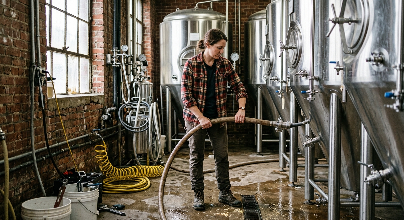 a female craft brewer wearing a flannel shirt working among large stainless steel fermentation tanks in a small brick-walled brewery with a wet concrete floor a