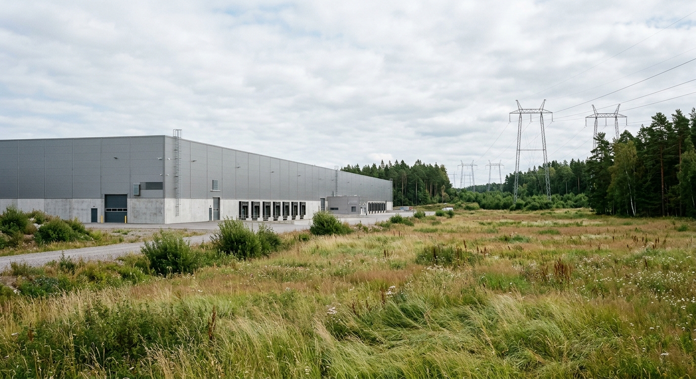 a massive, modern, windowless warehouse facility situated next to a field of tall grass and pine trees under a slightly overcast sky, with high-voltage electric