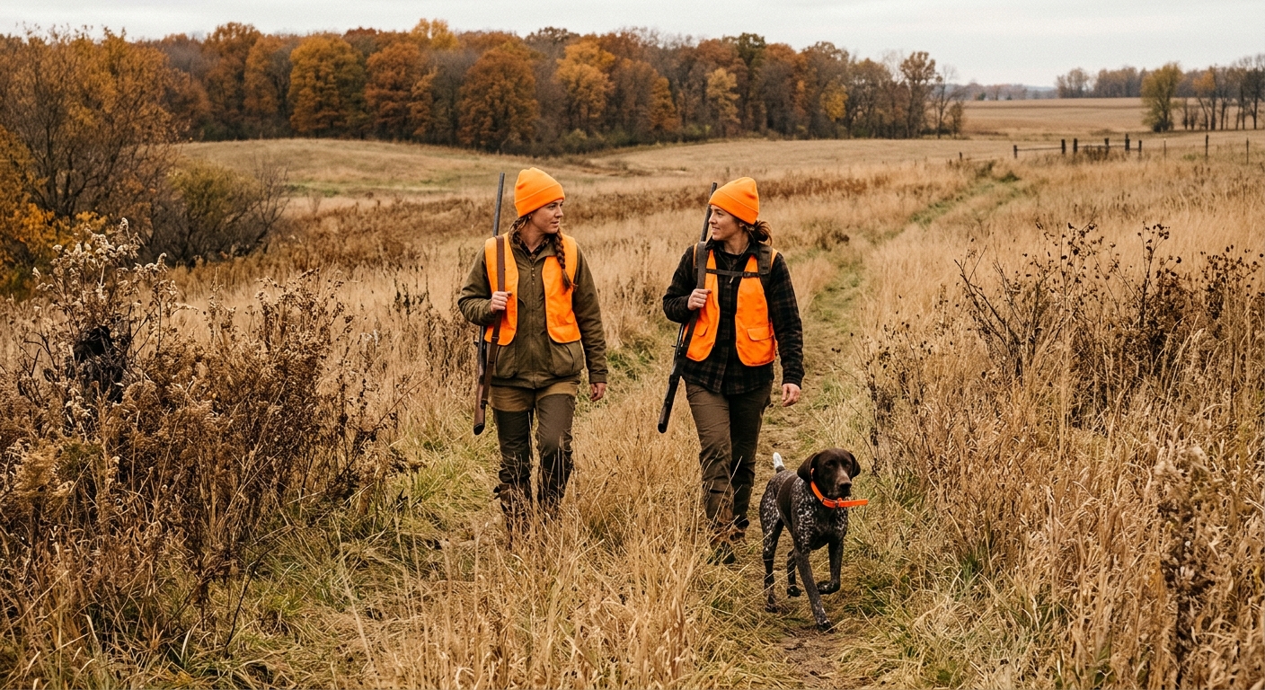 two female hunters wearing outdoor gear and blaze orange safety vests walking through tall dry autumn grass in a rural Midwest field with a hunting dog, natural
