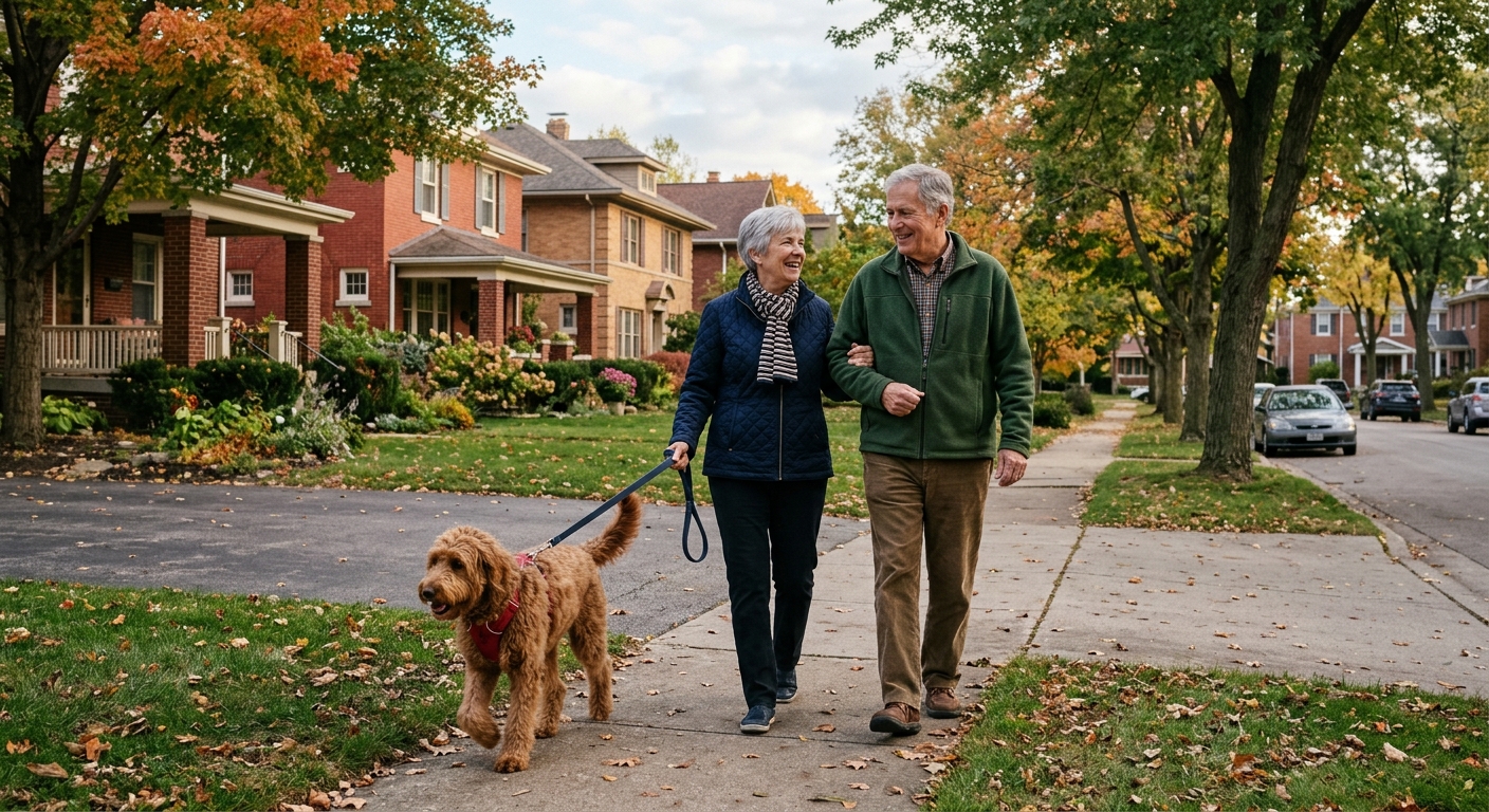 two older adults walking a dog down a quiet, tree-lined sidewalk in a peaceful Midwestern suburban neighborhood with traditional brick houses and mature trees,