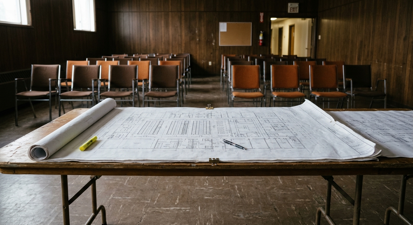large architectural blueprints of a data center facility spread open on a folding table in a mundane municipal building with wood-paneled walls, rows of empty c