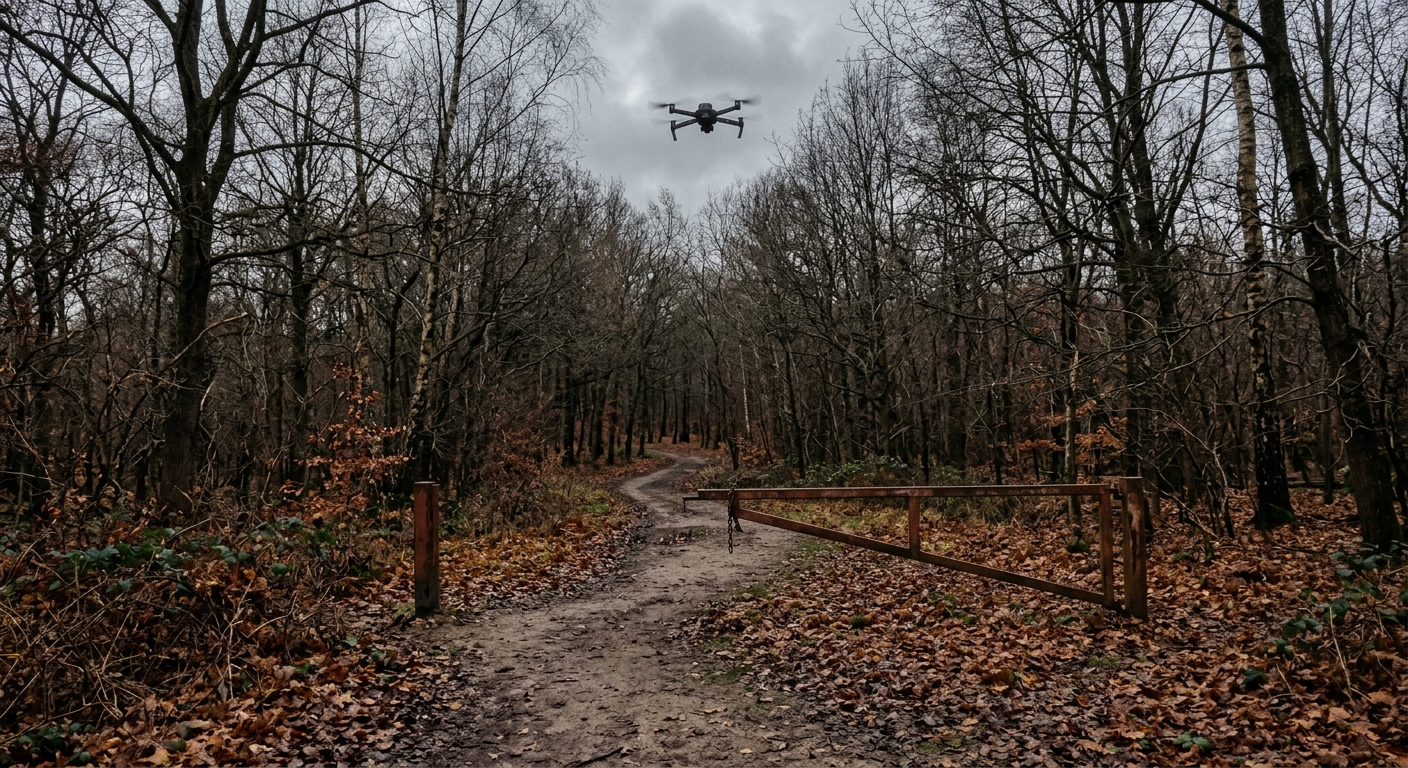 a dirt trail leading into a dense, late-autumn forest with bare trees and fallen brown leaves, blocked by a simple metal barrier gate, with a small generic dron