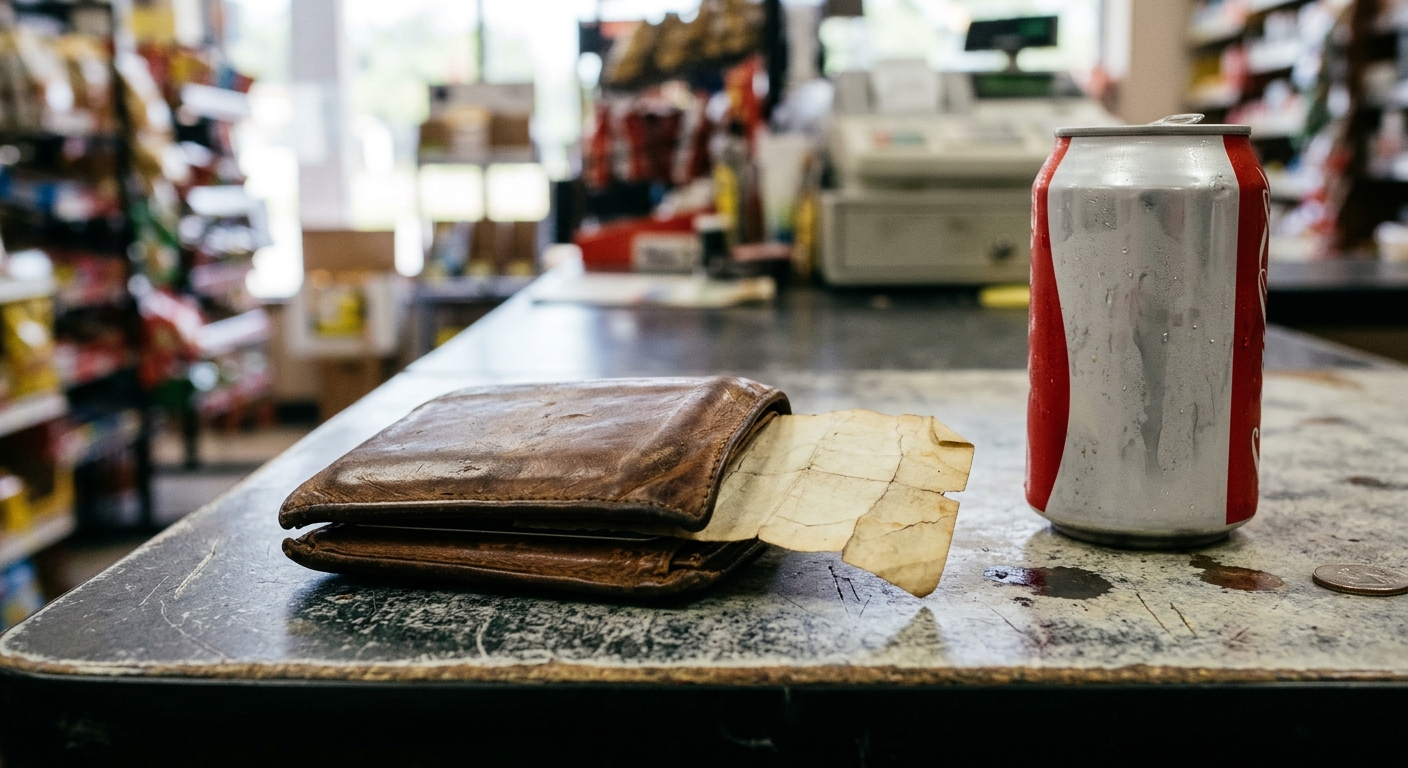 an old, slightly crumpled slip of paper sticking out of a worn brown leather wallet, resting on a typical American convenience store counter next to a cold can