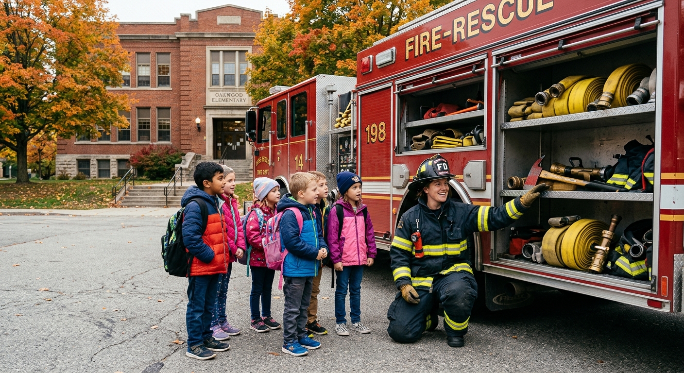 a firefighter in heavy turnout gear showing the side compartment of a red fire engine to a group of young school children outside a classic brick elementary sch