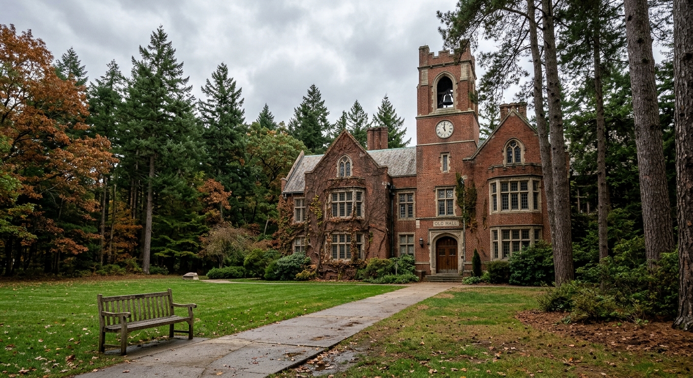 a traditional brick university building surrounded by tall pine trees on a rural campus, a concrete walkway leading to the entrance, an empty wooden bench on th