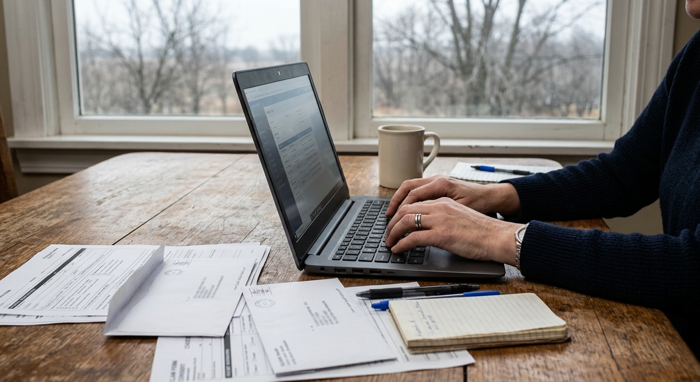 a person's hands typing on a laptop on a wooden kitchen table, scattered with generic official health paperwork and open envelopes, an out-of-focus window in th
