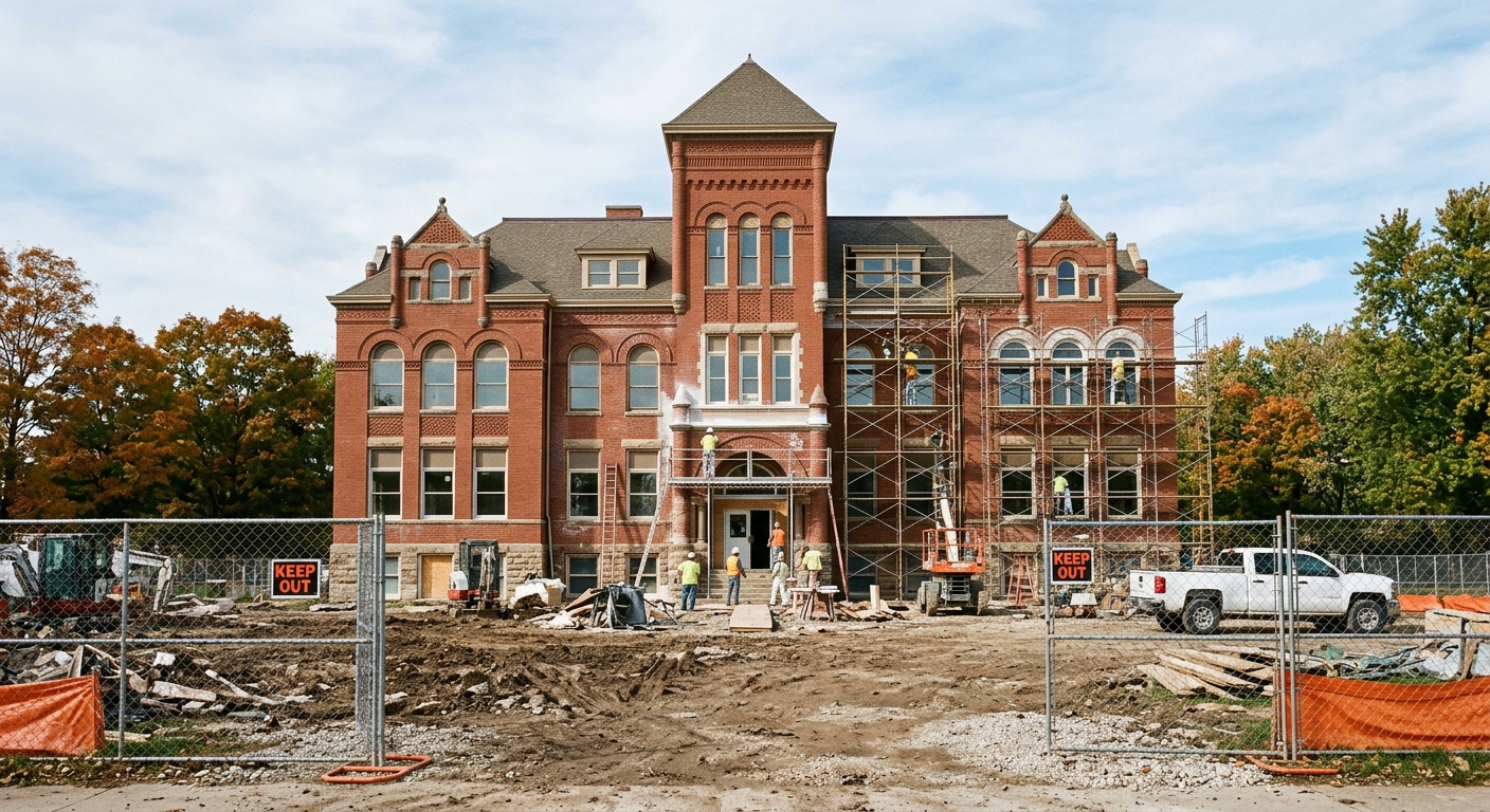 a classic brick public school building in the Midwest undergoing the final stages of exterior renovation, with a temporary chain-link construction fence and som