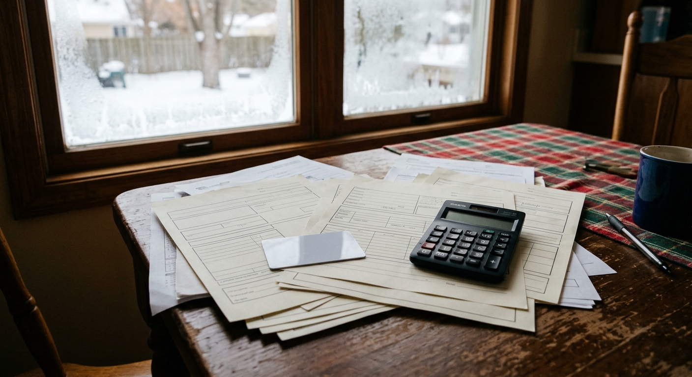 a disorganized pile of generic medical forms, a blank plastic health card, and a calculator on a wooden kitchen table inside a midwestern home with a slightly f