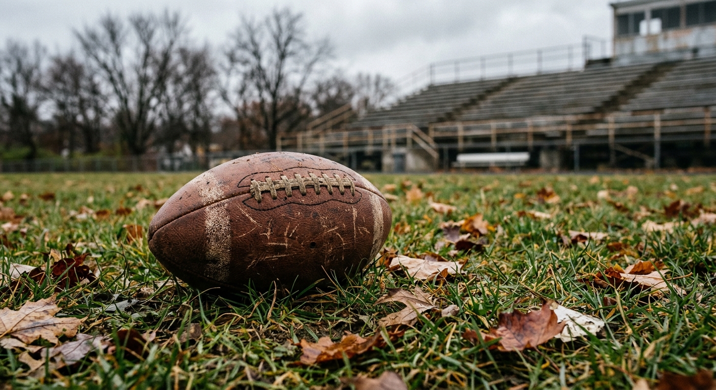 a worn leather American football resting on a cold natural grass field scattered with a few autumn leaves, with blurred high school stadium bleachers and bare t