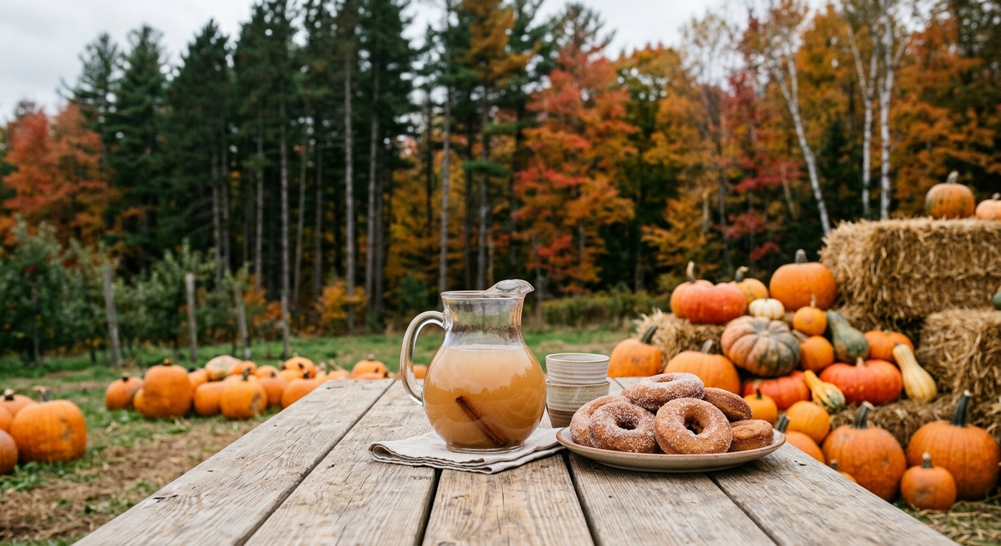 a rustic wooden table displaying a pitcher of cider and fresh doughnuts next to a pile of orange pumpkins and scattered hay bales, with tall pine and colorful a